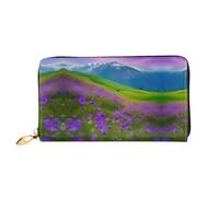 LLOTPQ Elegante portafoglio in pelle con stampa a onde sonore musicale, pochette lunga da donna, portafoglio a due ante con tasca per monete, Natura Fiori Viola Prato Montagna Panoramica, One Size