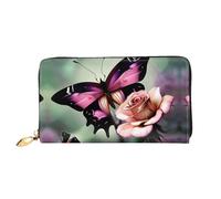 LLOTPQ Elegante portafoglio in pelle con stampa chicco di caffè, pochette lunga da donna, portafoglio con libretto degli assegni bifold con tasca portamonete, Fiore Rosa Farfalla, One Size