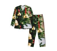 LLOTPQ Pigiama da uomo a maniche lunghe, morbido e setoso con stampa di alberi di Natale e campane, abbigliamento per la casa largo, elastico regolabile, Nero , M