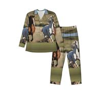 LLOTPQ Pigiama da uomo a maniche lunghe, morbido e setoso, con stampa di cavalli da corsa, abbigliamento per la casa, elastico regolabile, Nero , L