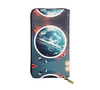 LLOTPQ Portafoglio in pelle con stampa spiaggia hawaiana con palme - Pochette elegante e sottile, design leggero - Portafoglio lungo bifold con tasca portamonete, Spazio Pianeta Terra, Taglia unica