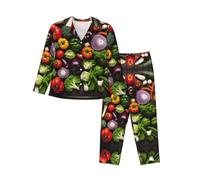 LLOTPQ Set pigiama a maniche lunghe da donna - Introduzione di varie verdure Stampa Loungewear per autunno e inverno, comodi indumenti da notte, Nero , S