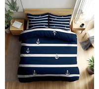 LLSZAHD Copripiumino 200x200 Ancore Bianche, Righe Set Copripiumino Matrimoniale Stile Marinaro Biancheria da Letto in 110gsm Microfibra con Cerniera Copripiumini con 2 Federa 50x80 cm