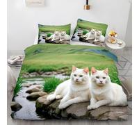 LLSZAHD Copripiumino Singolo Gatto Bianco Biancheria da Letto 3 Pezzi Grassland Copripiumini in Microfibra con Cerniera Copripiumino 135x200 cm + 2 Federe 50x80 cm per Bambino Adolescenti