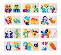 LLTCMYGS Puzzle di Legno Numerati di Animali e Cibi, Giocattoli Jigsaw per l'Apprendimento Precoce (12 Pezzi)