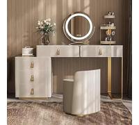 LLZJDDPLY Postazione trucco in pelle, toeletta trucco con 5 cassetti e specchio LED intelligente, ballerina trucco con scrivania in pietra e sedia per il trucco(Right,100cm/39in)