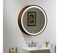 LLZJDDPLY Rotondo Mobile Bagno con Specchio, Armadietto Bagno, Mobiletto Bagno Sospeso, Dimmerabile, 3 Colori, Apertura a Sinistra/apertura a Destra, Montaggio In Superficie(Brown-Right,50cm/20in)