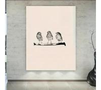 LMAIWANG 1 Quadro moderno minimalista in bianco e nero raffigurante tre uccelli su un ramo - Dipinto su tela beige con sfondo beige (30x45 cm/senza cornice)