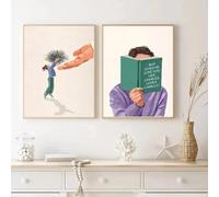 LMAIWANG Minimalista Vita quotidiana Arte murale Tela Pittura Ragazza Leggere Libro Palloncino Poster Stampe Tazza Immagini astratte per l'arredamento del soggiorno 20x30cmx2 senza cornice