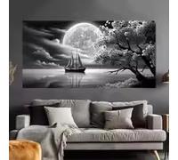 LMAIWANG Poster e stampe su tela con albero in fiore astratto, barca a vela e luna piena, decorazione murale per la casa (60x120 cm/senza cornice)