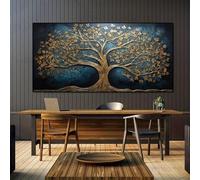 LMAIWANG Quadro su tela Albero della vita astratto, rami intricati dorati e blu navy con uccelli, grande decorazione da parete per la casa, 70x140 cm, senza cornice.