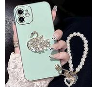 LMEIL Bracciale con Perle di Cigno Strass Cuore per iPhone 14 12 11 13 PRO Max Mini X XR XS Max 6 S 7 8 Plus Custodia Morbida per Telefono, Verde Menta, per iPhone 11