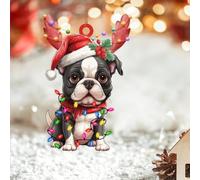 LMMIXEE Boston Terrier Ornamento natalizio personalizzato 2024 cane di Babbo Natale con corna Ornamenti 2D per alberi di Natale Ornamento per cani in acrilico Novità Regalo per familiari amici