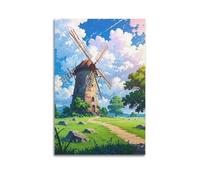 LMMZPUD Poster decorativo su tela con mulino a vento sull'erba, poster decorativo da parete e stampa artistica moderna per camera da letto, poster decorativo per camera da letto (60 x 90 cm)