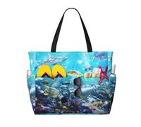 LMNvbz Borsa da spiaggia colorata con stampa di pesci tropicali con paesaggio 3D di mare subacquea e tasca bagnata, borsa da viaggio pieghevole impermeabile da donna, per piscina, crociera e nuoto