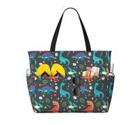 LMNvbz Borsa da spiaggia con stampa di dinosauri del fumetto grande con cerniera e tasca bagnata, borse da viaggio pieghevoli impermeabili da donna, per piscina, crociera e nuoto