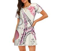 LMNvbz Camicia da notte da donna, con stampa della Torre di Parigi e una bicicletta, in morbido cotone, a maniche corte, con scollo rotondo, per abbigliamento estivo e pigiameria, Nero , XL