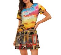 LMNvbz Camicia da notte da donna, con stampa Torre Eiffel Parigi, in morbido cotone, a maniche corte, scollo rotondo, per abbigliamento estivo e pigiameria, Nero , M