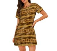 LMNvbz Camicia da notte gialla e marrone con stampa triangoli morbidi simili a cotone per le donne, a maniche corte, con scollo rotondo, per abbigliamento estivo e indumenti da notte, Nero , XL