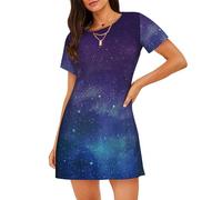 LMNvbz Universo con stelle e galassia, camicia da notte da donna, a maniche corte, girocollo, con stampa interstellare, morbida camicia da notte in cotone per l'estate e indumenti da notte, Nero , XXL