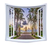 Lmovutcom Arazzo da parete con paesaggio simulato, fuori dalla finestra, albero di cocco, paesaggio culturale architettonico, decorazione della stanza, arazzo per soggiorno