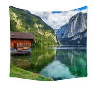 Lmovutcom Casa in legno con montagne innevate a sud e lago nella foresta a nord, grande arazzo da parete, arazzo in tessuto, decorazione di sfondo in tessuto, per la decorazione delle pareti di casa