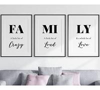 Lmovutcom Set di 3 stampe senza cornice con citazione Famiglia, decorazione da parete per la casa, poster con scritta Famiglia, citazione Un po' di follia, rumore, tanto amore