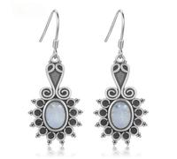 LMRJHAZ 925 Orecchini a Goccia di Fiori Etnici in Argento Sterling, Orecchini a Pensione della Luna Ovale Naturale, Orecchini penzolanti del Gancio Boho per Il Regalo di Compleanno delle Donne