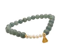 LMRJHAZ Bracciale di Giada Naturale Fei Cui Jadeite Perle d'Acqua Dolce per Perle Dorate Feng Argento Shui Shui mandante Pendente inciso Parole di Buon auspicio Bracciale Elastico per la Fortuna