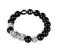LMRJHAZ Feng Shui Obsidian Pixiu Bracciale 999 Pure Silver PI Yao Charm Bracciale Healing Chakra Gemstone Talisman Cristallo Naturale Bracciale Amuleto, Argento Tibetano, 10 mm