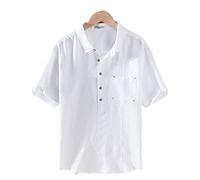 Lmtossey 100% Lino Comode Camicie Casual Uomo Traspirante Manica Corta Top, bianco, L