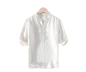 Lmtossey Camicia da uomo 100% lino manica corta estiva Casual Top Pullover, cachi, XL