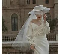 Lmtossey Cappello da Sposa a Tesa Larga da Donna con Fiocco Lungo in Maglia Inglese da Cerimonia per Feste in Chiesa as Photo