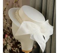 Lmtossey Cappello Fedora Piatto Francese da Donna Primavera Estate Cappello da Sposa Bianco Elegante Fiocco di Perle con Fiocco da fiaba Cappello da Chiesa per Feste White M 56-58cm