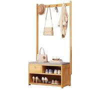 LMTYBOC Appendiabiti da corridoio in bambù con panca porta scarpe, albero 4 in 1, ganci rimovibili e appendiabiti, elegante ingresso per cappotti e scarpe