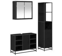 LMTYOENFG Set di mobili da bagno, 3 pezzi, nero, effetto rovere, materiale | Pratica combinazione di armadietto alto, armadietto per lavabo e specchio da parete per un sacco di ordine in bagno.