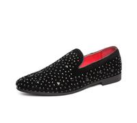 LMUIPMAA Smoking Pantofola Uomo Slip on Suede Tuxedo Scarpe Strass Borchiato Punta A Punta Mocassino,Nero,43 EU