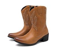 LMUIPMAA Stivali da Cowboy Western per Uomo, Punta Appuntita, Tacco Basso, con Zip Laterale, Stivali Corti da Paese,Marrone,39 EU