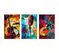 LMYCHENG Dipinto astratto con chitarra e microfono, quadro su tela Il sogno degli amanti della musica, poster in stile moderno, decorazione da parete vintage (60x90cmx3/senza cornice)