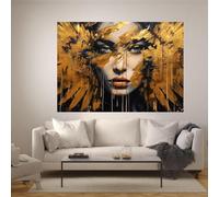 LMYCHENG Dipinto astratto su tela con piuma dorata e volto, ritratto con occhi azzurri, poster e stampe, arte murale femminile moderna (50x70 cm/cornice interna)