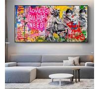 LMYCHENG Dipinto su tela con graffiti: l'amore è tutto ciò di cui abbiamo bisogno, poster e stampe in stile urbano per soggiorno, decorazione da parete per la casa (90x180 cm/cornice interna)