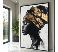 LMYCHENG Elegante dipinto a olio di donna nera, decorazione murale con copricapo dorato, poster e stampe di ritratti femminili africani, arredamento moderno per la casa (20x30 cm/cornice interna)