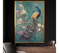 LMYCHENG Elegante dipinto su tela con pavone, quadri da parete floreali color verde acqua e oro, poster e stampe di uccelli vintage, per un arredamento chic della casa, 70x100 cm senza cornice