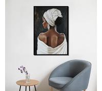 LMYCHENG Elegante dipinto su tela di una donna africana - Signora in bianco con orecchini, poster e stampe - arte murale unica - per decorazione d'interni, cornice 60 x 80 cm