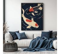 LMYCHENG Immagini di due pesci in stile giapponese, poster su tela con pesci koi, murale artistico asiatico blu navy, per la decorazione della stanza, cornice 80x120 cm