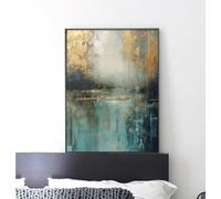 LMYCHENG Quadro astratto: dipinto ad olio su tela color verde acqua e oro, poster e stampe di moda, decorazione murale estetica per la casa (70x110 cm/senza cornice)
