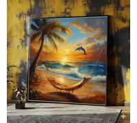 LMYCHENG Quadro su tela con tramonto sulla spiaggia, amaca con palma, onde dell'oceano e delfini, decorazione costiera, tela con natura rilassante (20x20 cm/senza cornice)
