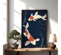LMYCHENG Stampa su tela con poster di pesci koi giapponesi, due immagini di pesci, murale artistico asiatico blu navy, per la decorazione della stanza, dipinto 50x70 cm senza cornice