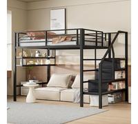 LN LOVE NEST Letto a soppalco, 140 x 200 cm, ripiani, scala portaoggetti, spazio sotto il letto per rivestire, ringhiera, senza materasso, nero