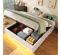 LN LOVE NEST Letto imbottito, 140 x 200 cm, con USB e tipo C, con piccole tasche, design senza testiera, funzione di memoria idraulica, senza materasso, beige